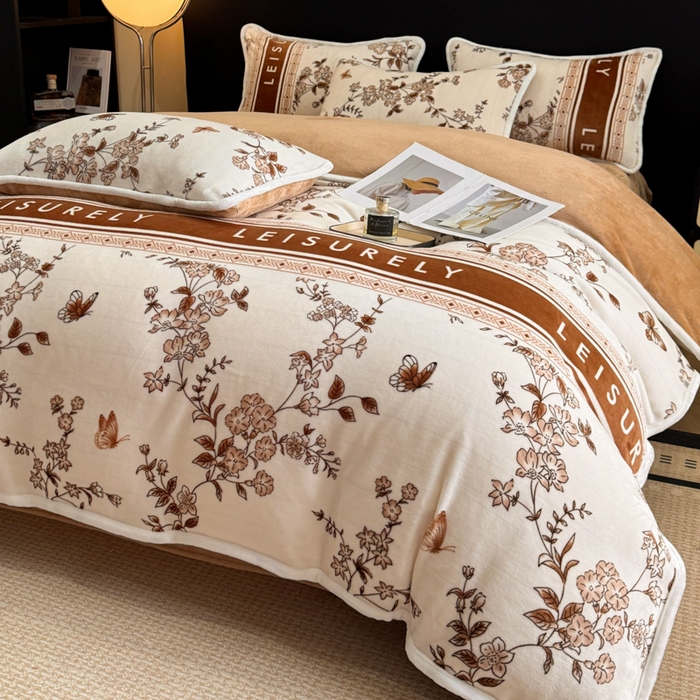 91家纺网 家纺一手货源 找家纺 诺梵2025新款牛8斤奶绒印花包边四件套浮生若梦-咖