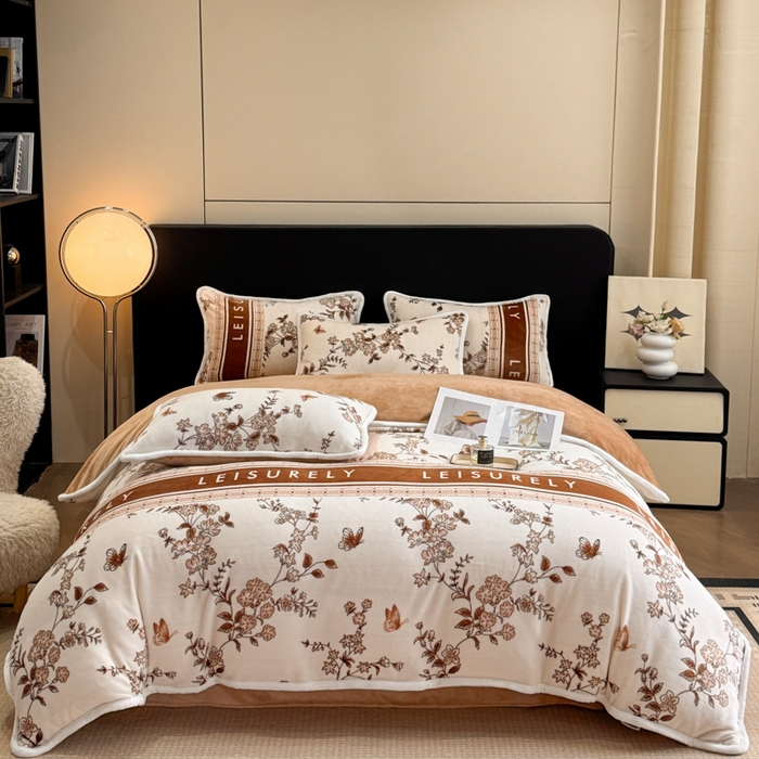 91家纺网 家纺一手货源 找家纺 诺梵2025新款牛8斤奶绒印花包边四件套浮生若梦-咖