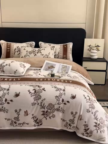 91家纺网 家纺一手货源 找家纺 诺梵2025新款牛8斤奶绒印花包边四件套浮生若梦-咖