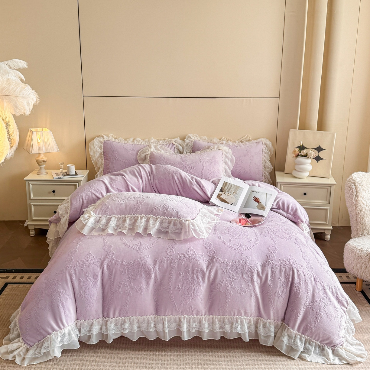 91家纺网 家纺一手货源 找家纺 爱家（原缔乐家纺） 2025新款A类牛奶雕花绒四件套 米娜系列 米娜-梦幻紫