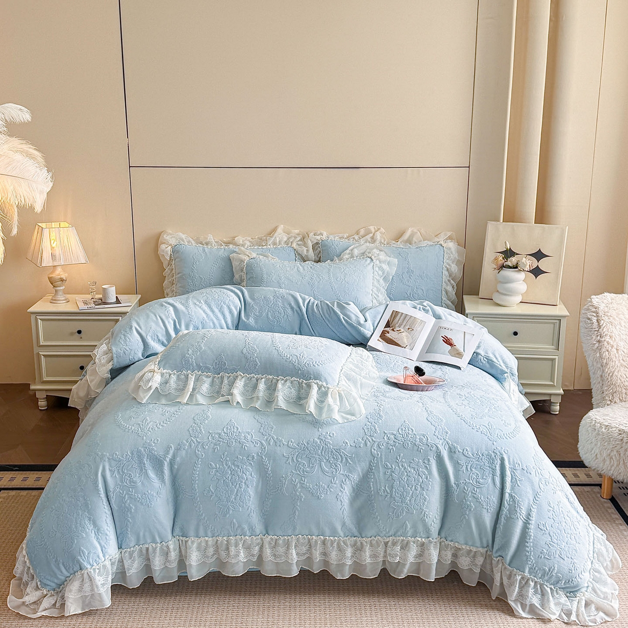 91家纺网 家纺一手货源 找家纺 爱家（原缔乐家纺） 2025新款A类牛奶雕花绒四件套 米娜系列 米娜-天空兰