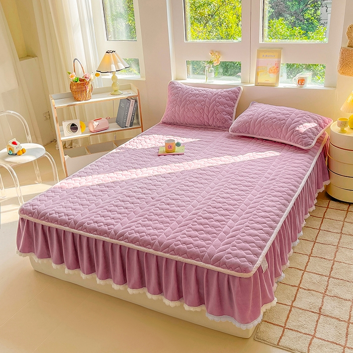 91家纺网 家纺一手货源 找家纺 眠势力 2025新款牛奶绒床笠夹棉加厚保暖床垫保护套韩版床裙床笠二合一毛球球带裙边款 丁香紫-毛球款