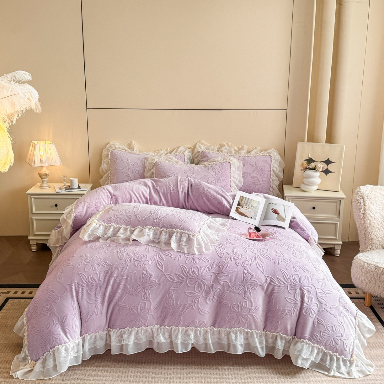 91家纺网 家纺一手货源 找家纺 爱家（原缔乐家纺） 2025新款A类牛奶雕花绒四件套 花野漫屿系列 花野漫屿-梦幻紫