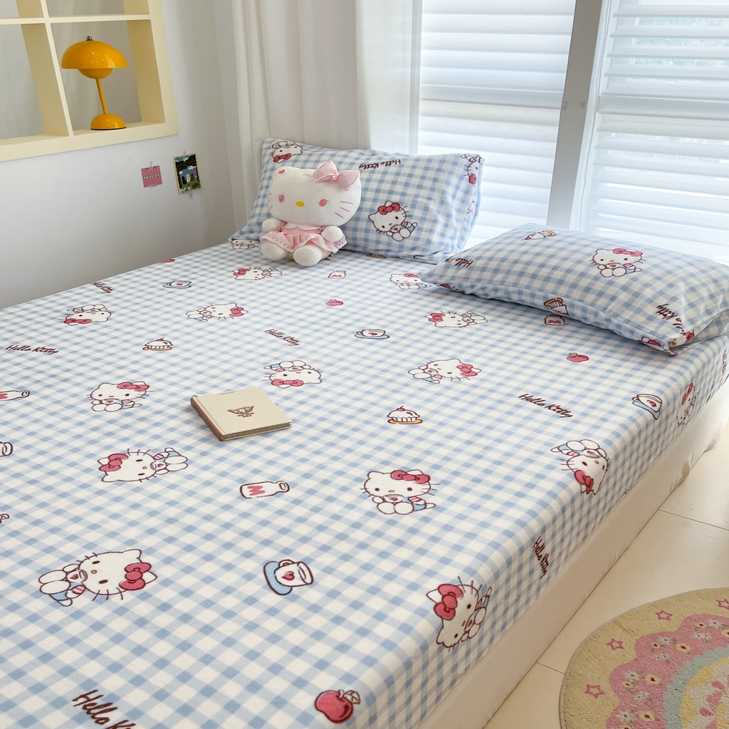 91家纺网 家纺一手货源 找家纺 金爱家 2025新款三丽鸥牛奶绒床笠单床笠床笠单件 绒单品-甜心kt蓝