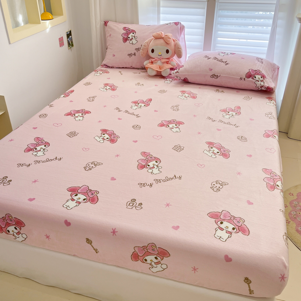 91家纺网 家纺一手货源 找家纺 金爱家 2025新款三丽鸥牛奶绒床笠单床笠床笠单件 绒单品-萌萌美乐蒂