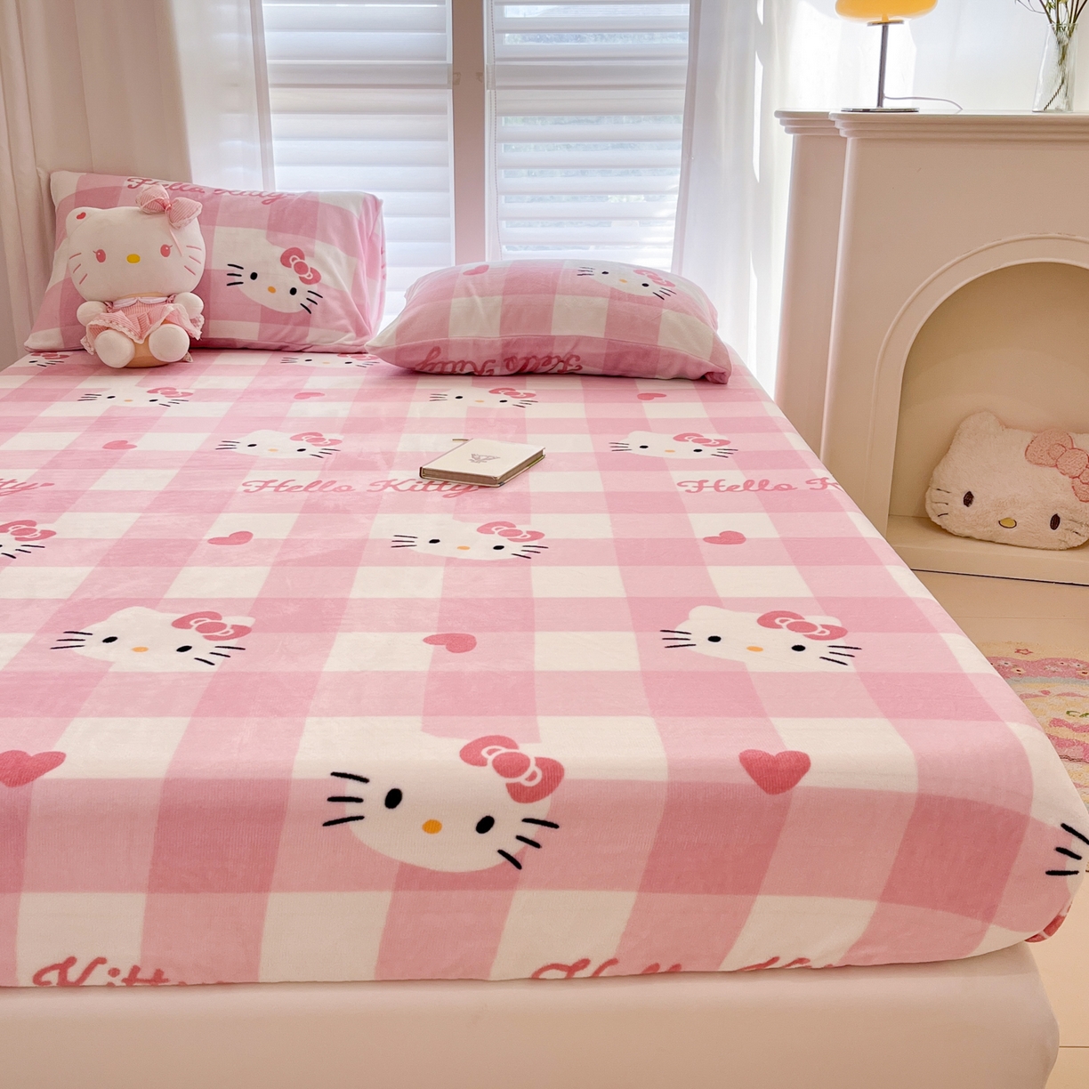 91家纺网 家纺一手货源 找家纺 金爱家 2025新款三丽鸥牛奶绒床笠单床笠床笠单件 绒单品-粉梦kt