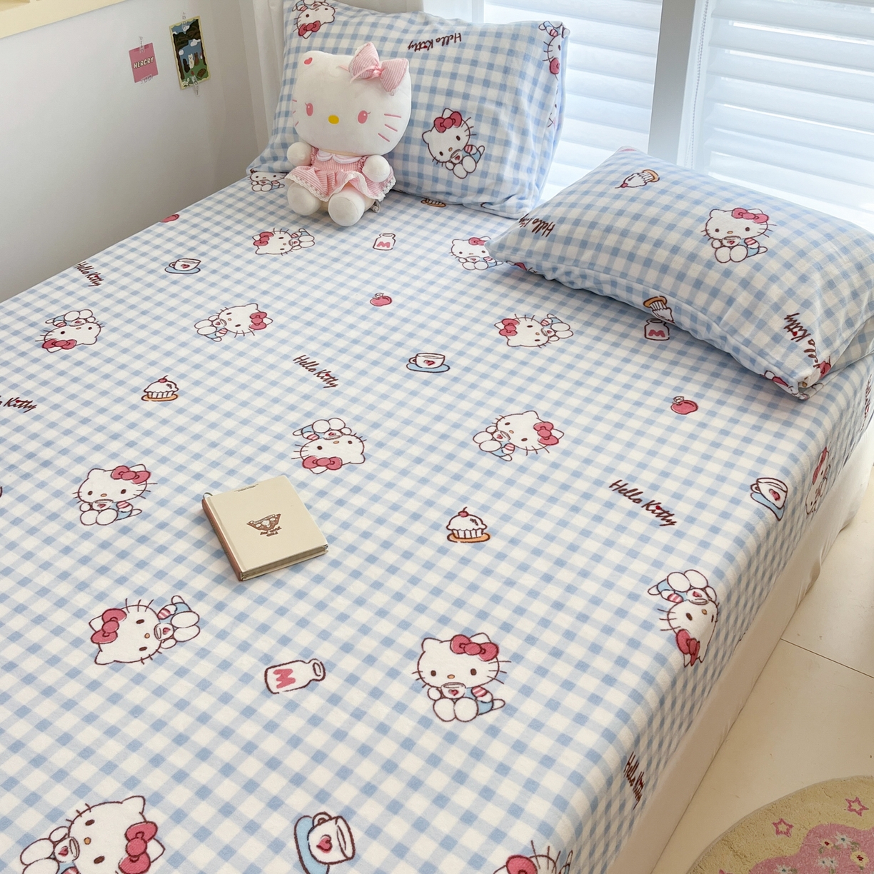 91家纺网 家纺一手货源 找家纺 金爱家 2025新款三丽鸥牛奶绒床笠单床笠床笠单件 绒单品-甜心kt蓝