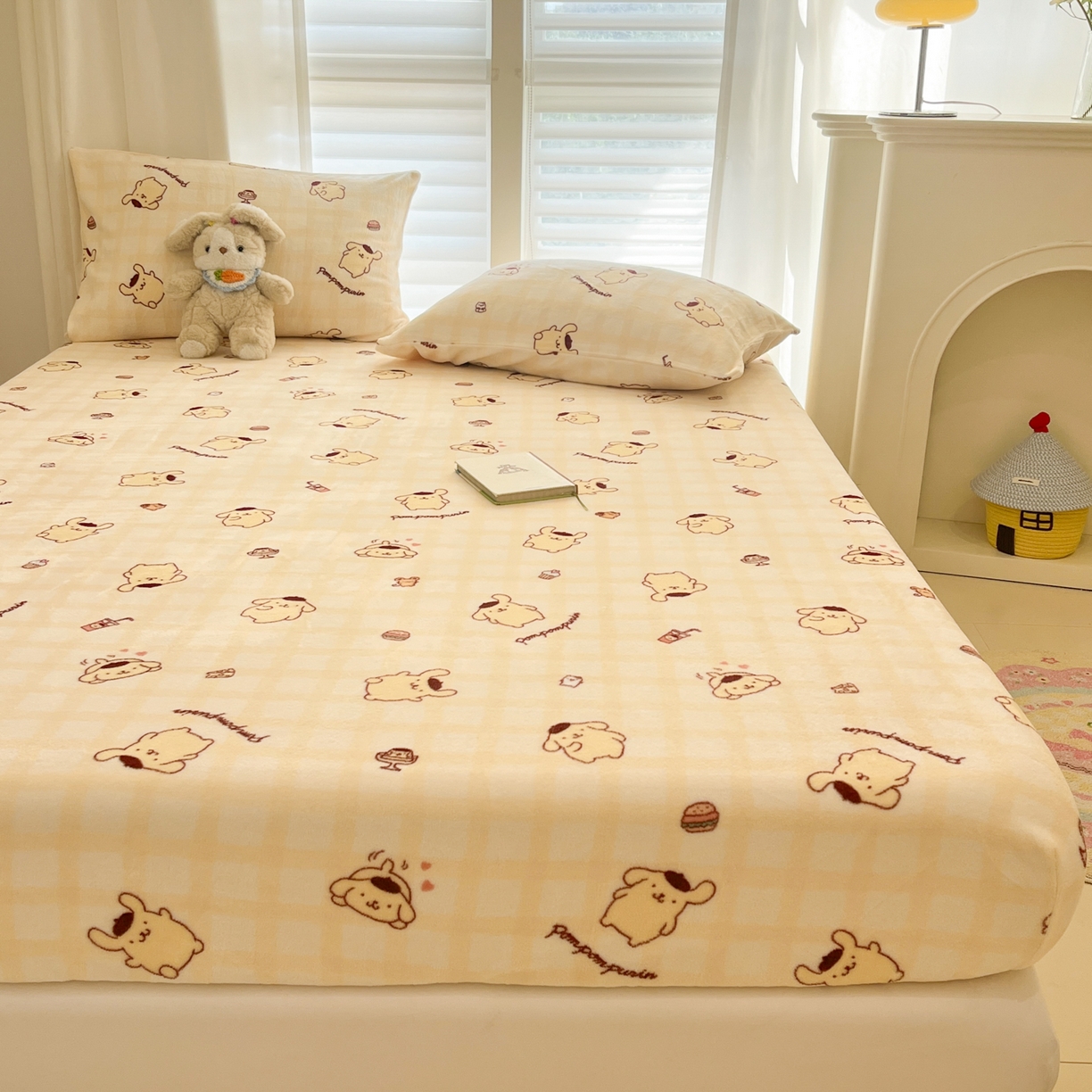 91家纺网 家纺一手货源 找家纺 金爱家 2025新款三丽鸥牛奶绒床笠单床笠床笠单件 绒单品-黄油布丁狗