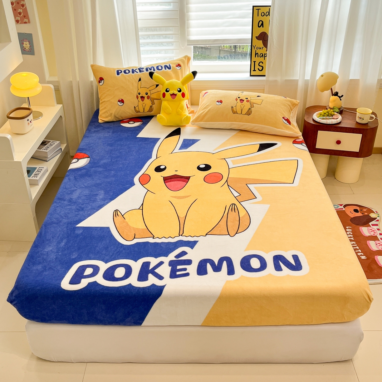 91家纺网 家纺一手货源 找家纺 金爱家 2025新款牛奶绒保暖床笠床笠单件单床笠 绒单品-俏皮皮卡丘