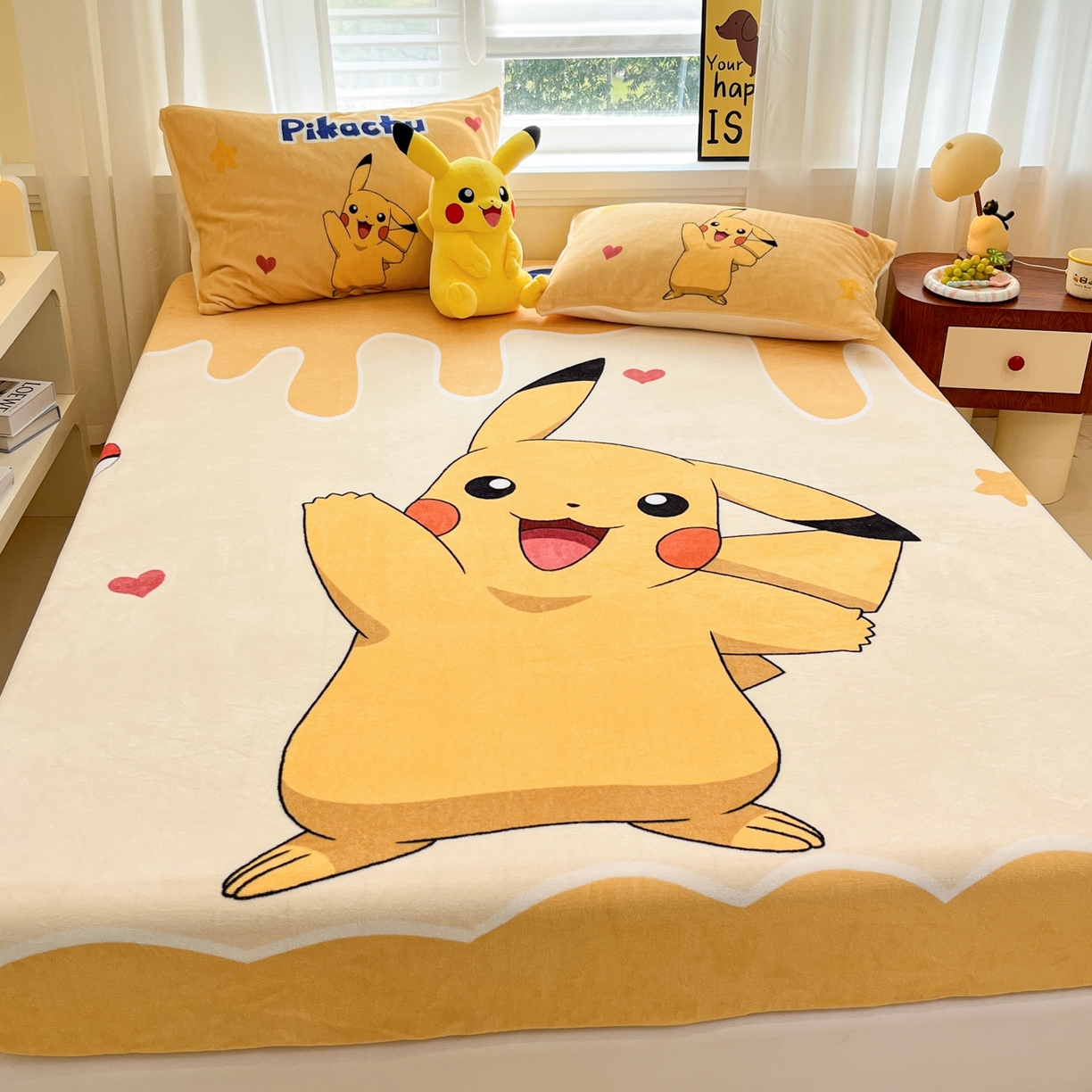 91家纺网 家纺一手货源 找家纺 金爱家 2025新款牛奶绒保暖床笠床笠单件单床笠 绒单品-爱心皮卡丘