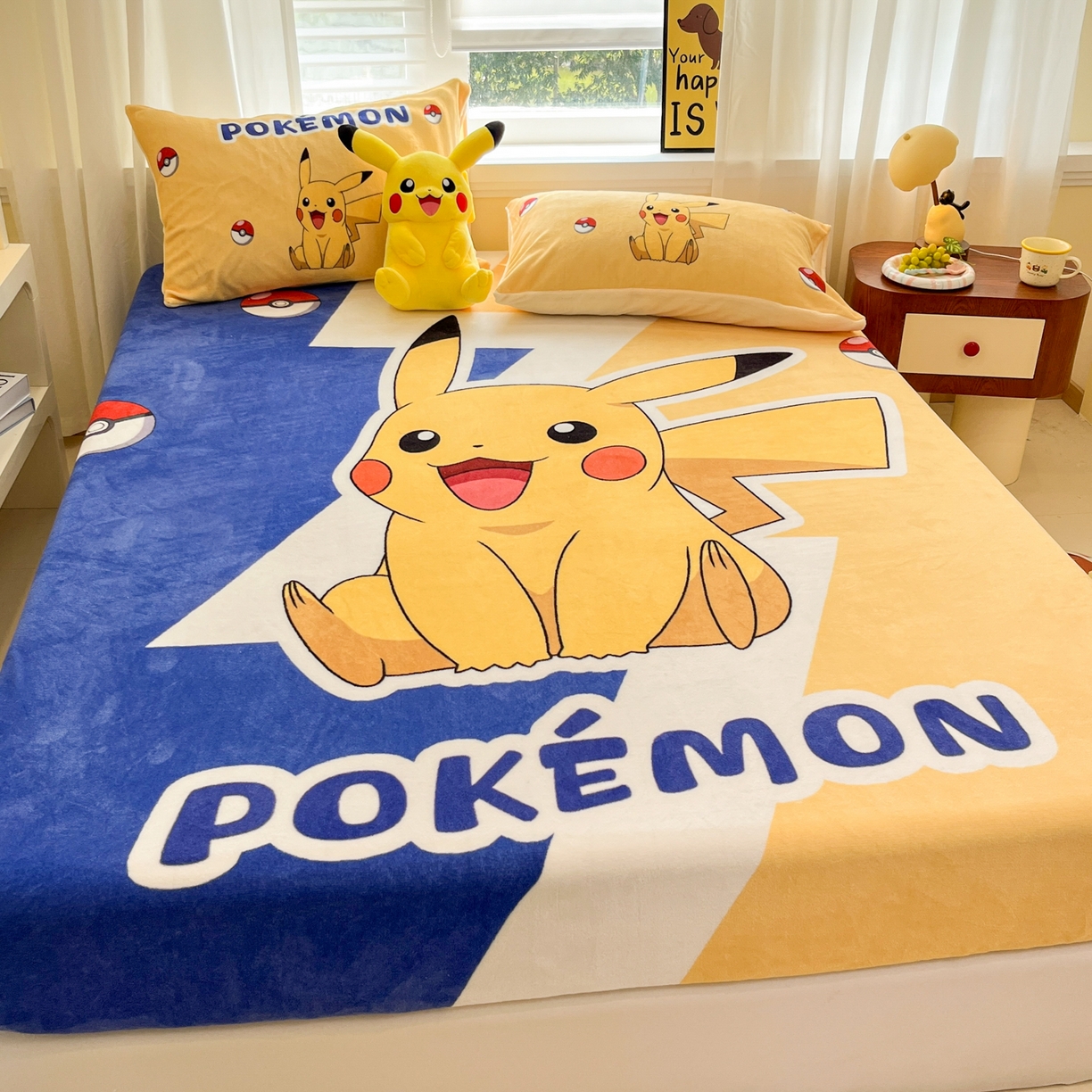 91家纺网 家纺一手货源 找家纺 金爱家 2025新款牛奶绒保暖床笠床笠单件单床笠 绒单品-俏皮皮卡丘