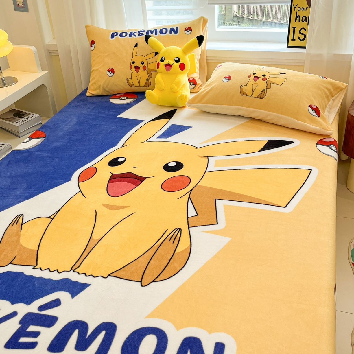 91家纺网 家纺一手货源 找家纺 金爱家 2025新款牛奶绒保暖床笠床笠单件单床笠 绒单品-俏皮皮卡丘