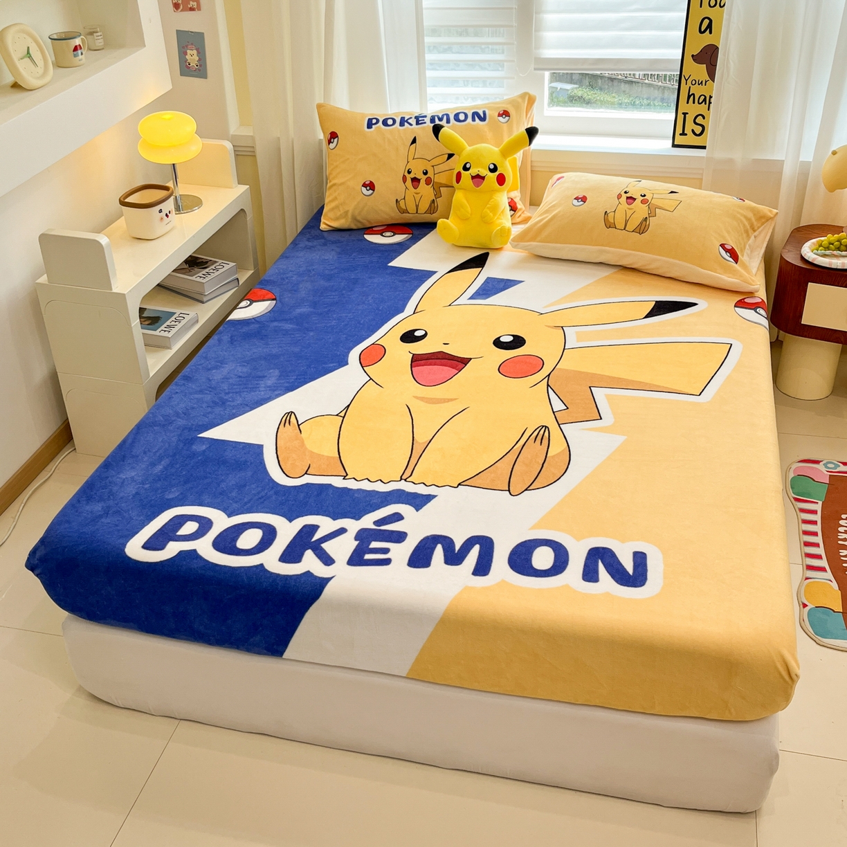 91家纺网 家纺一手货源 找家纺 金爱家 2025新款牛奶绒保暖床笠床笠单件单床笠 绒单品-俏皮皮卡丘