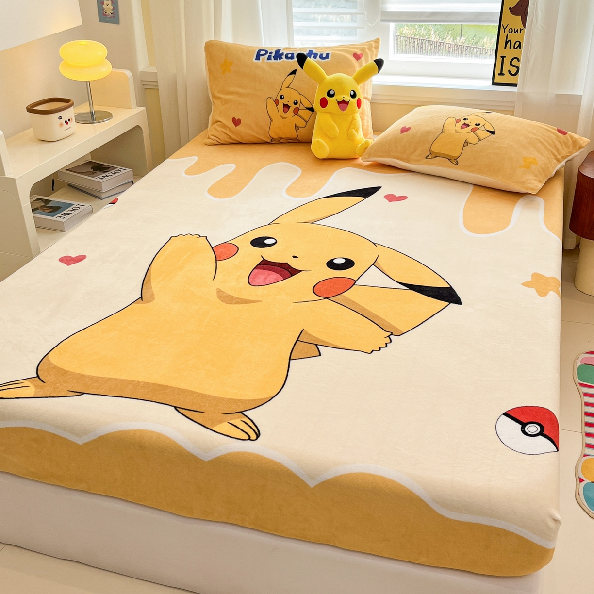 91家纺网 家纺一手货源 找家纺 金爱家 2025新款牛奶绒保暖床笠床笠单件单床笠 绒单品-爱心皮卡丘