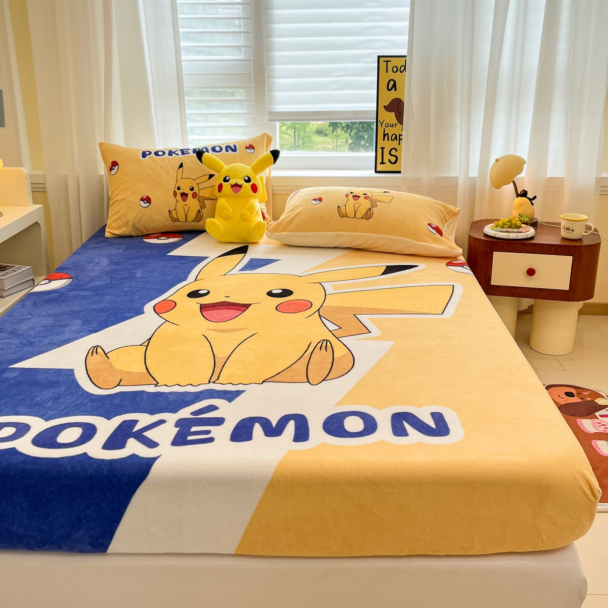 91家纺网 家纺一手货源 找家纺 金爱家 2025新款牛奶绒保暖床笠床笠单件单床笠 绒单品-俏皮皮卡丘