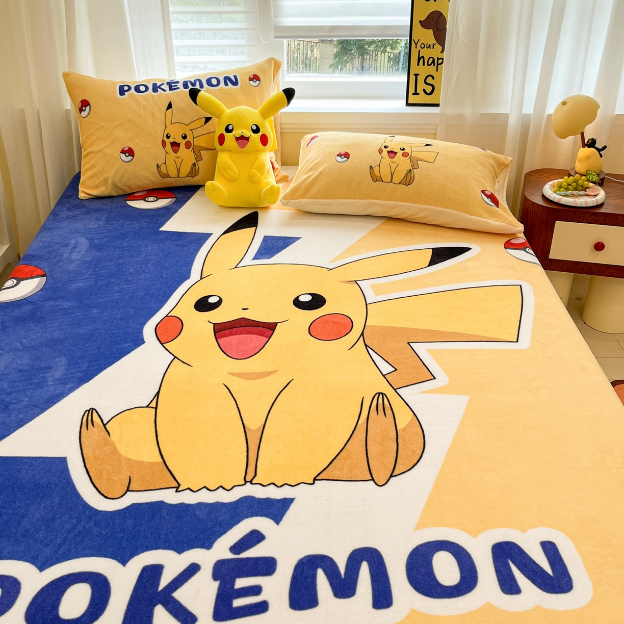 91家纺网 家纺一手货源 找家纺 金爱家 2025新款牛奶绒保暖床笠床笠单件单床笠 绒单品-俏皮皮卡丘