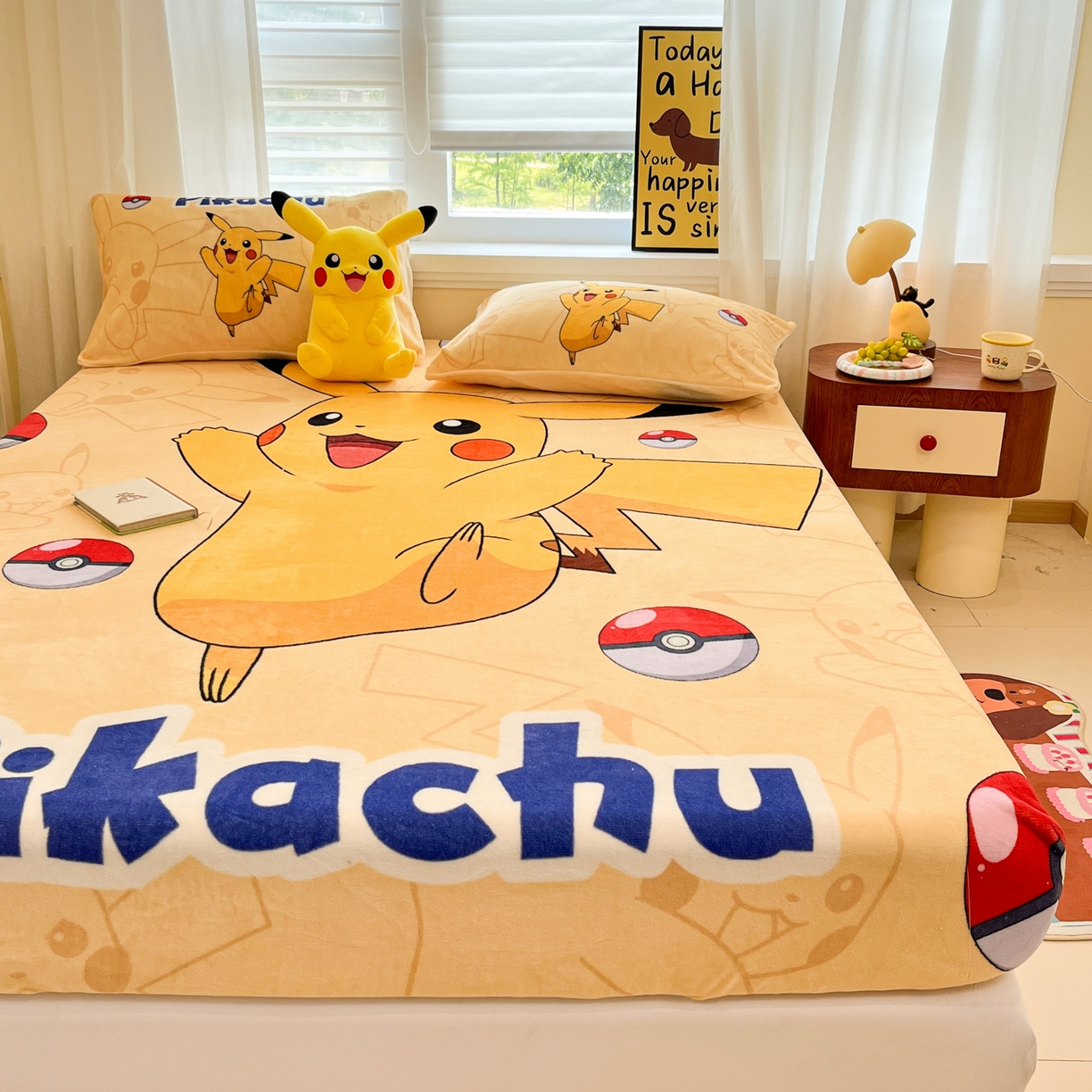 91家纺网 家纺一手货源 找家纺 金爱家 2025新款牛奶绒保暖床笠床笠单件单床笠 绒单品-可爱皮卡丘