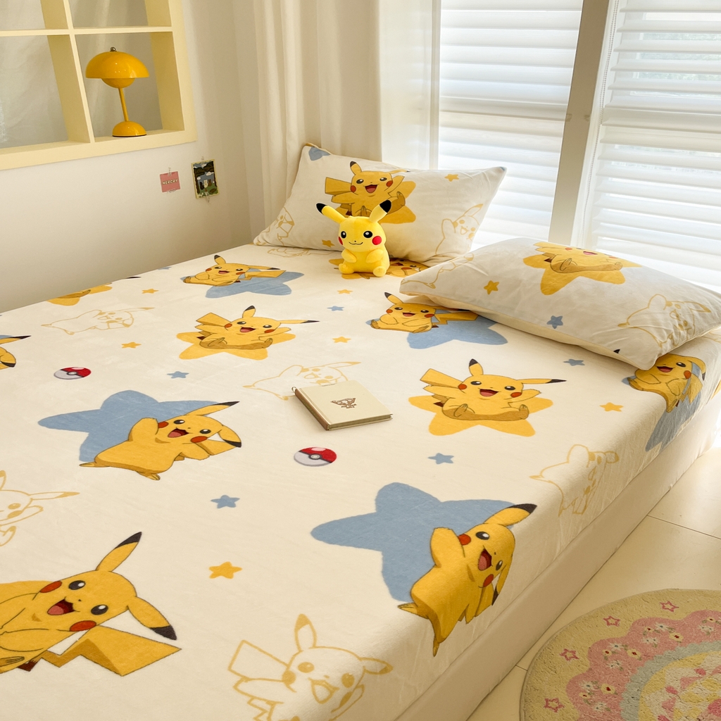 91家纺网 家纺一手货源 找家纺 金爱家 2025新款牛奶绒保暖床笠床笠单件单床笠 绒单品-星星皮卡丘