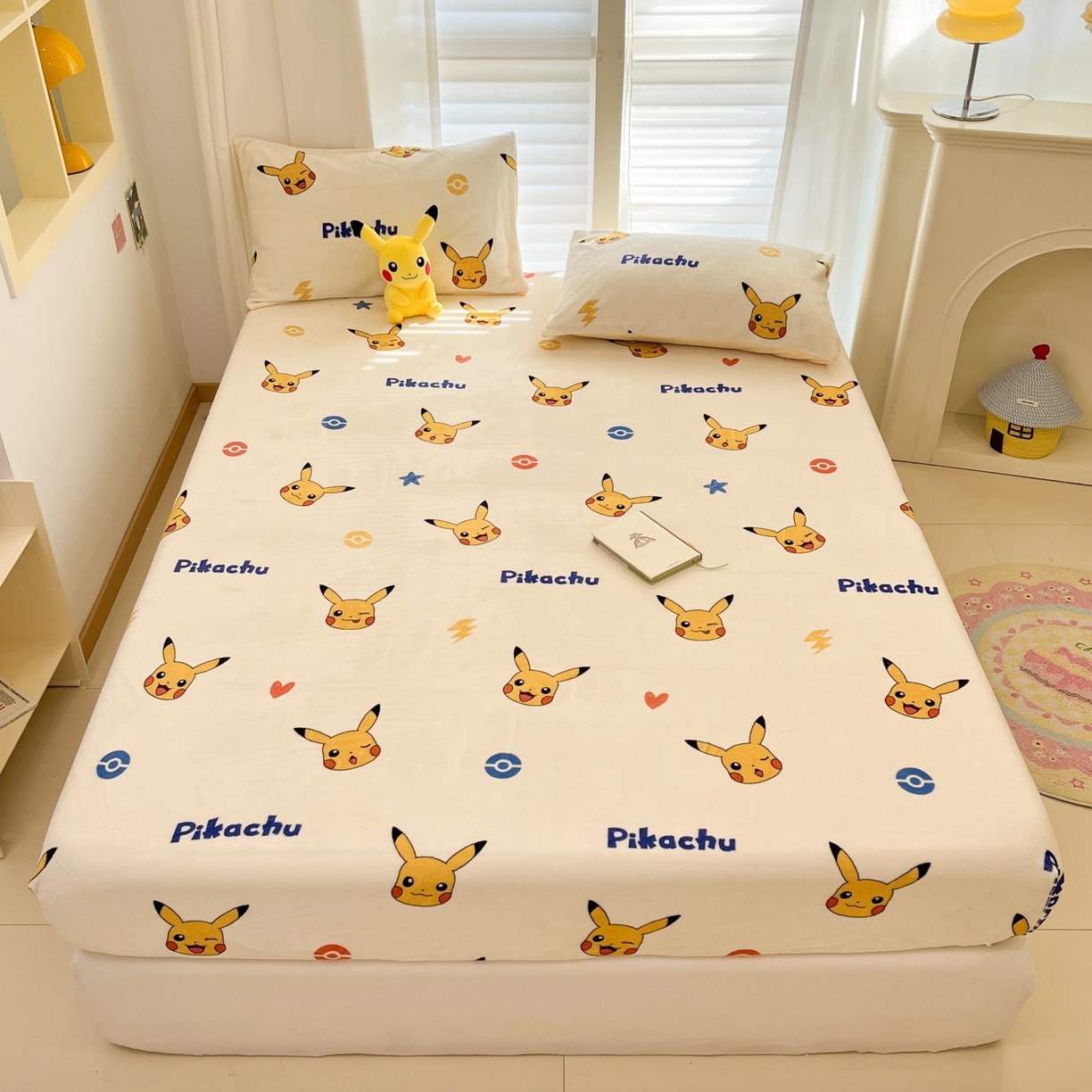 91家纺网 家纺一手货源 找家纺 金爱家 2025新款牛奶绒保暖床笠床笠单件单床笠 绒单品-搞怪皮卡丘