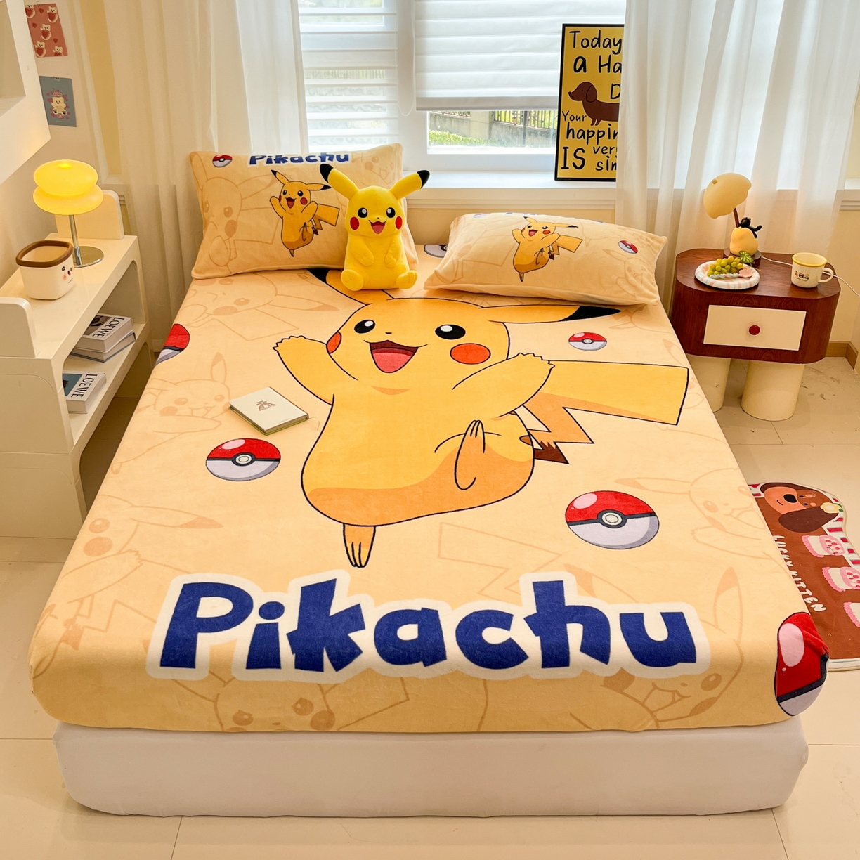 91家纺网 家纺一手货源 找家纺 金爱家 2025新款牛奶绒保暖床笠床笠单件单床笠 绒单品-可爱皮卡丘