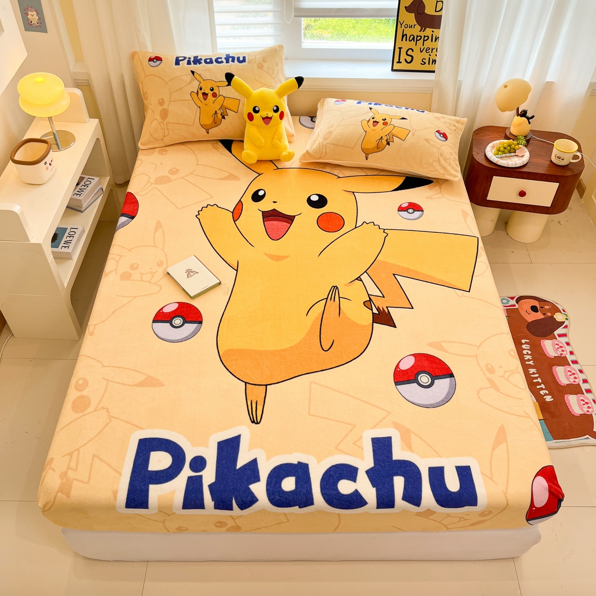 91家纺网 家纺一手货源 找家纺 金爱家 2025新款牛奶绒保暖床笠床笠单件单床笠 绒单品-可爱皮卡丘