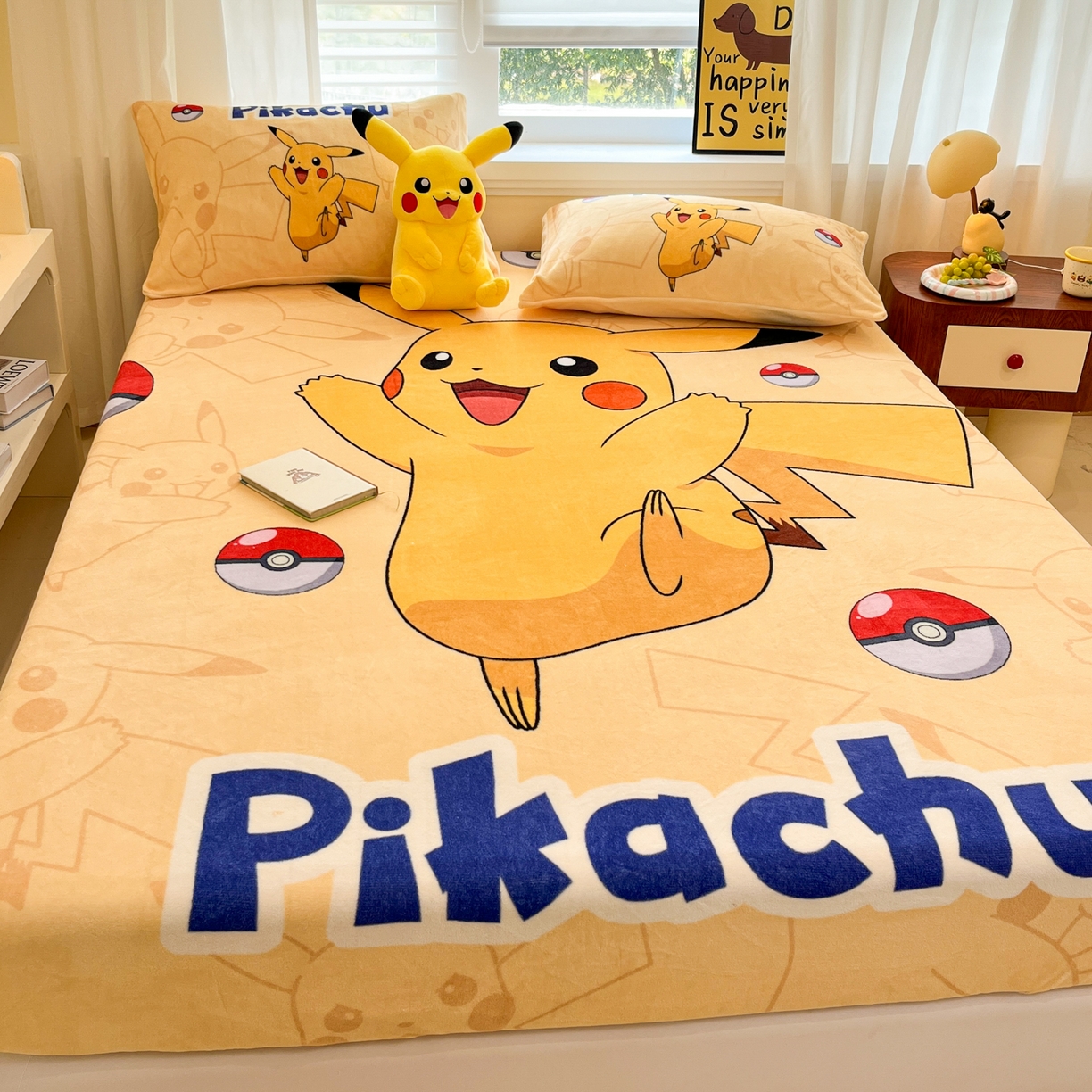 91家纺网 家纺一手货源 找家纺 金爱家 2025新款牛奶绒保暖床笠床笠单件单床笠 绒单品-可爱皮卡丘