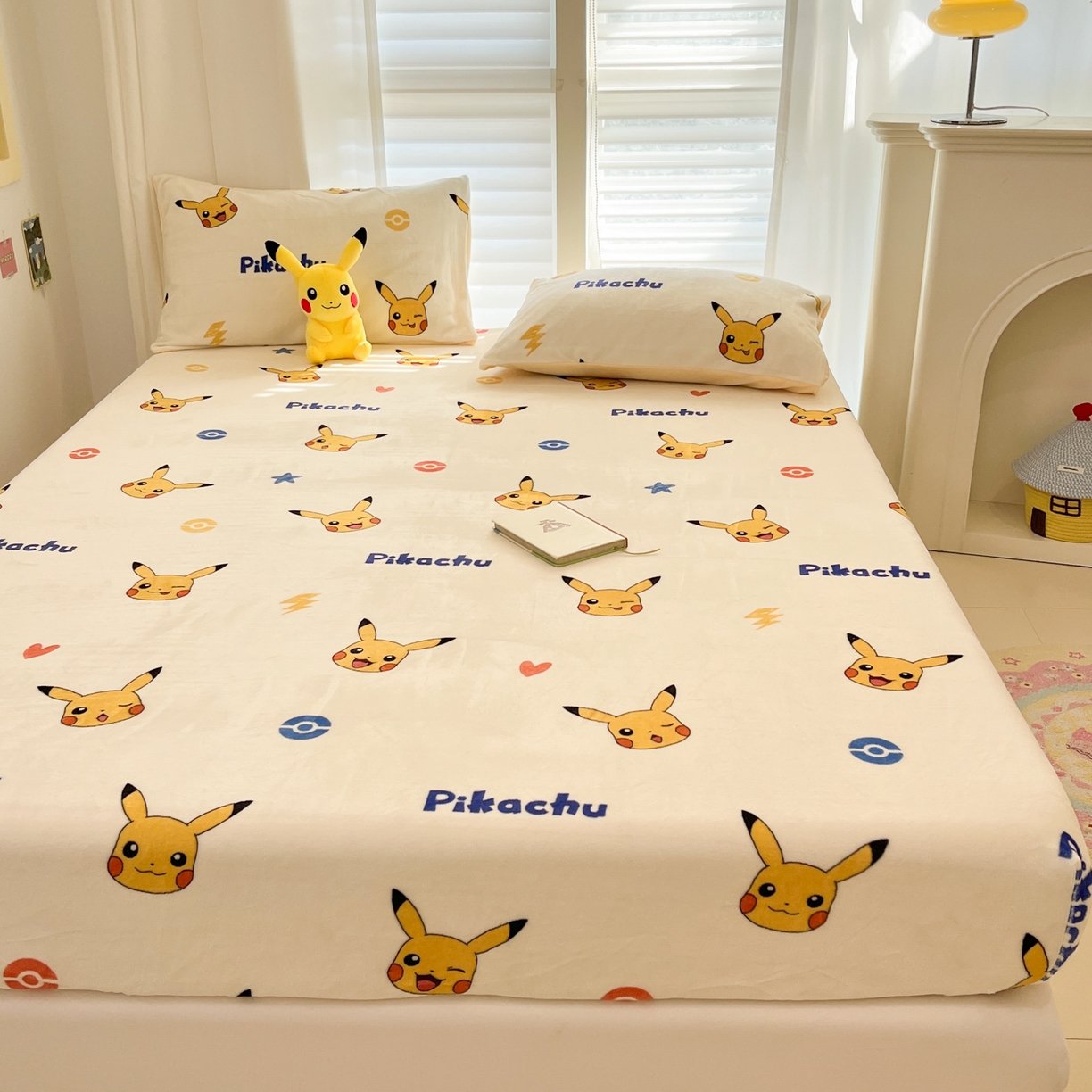 91家纺网 家纺一手货源 找家纺 金爱家 2025新款牛奶绒保暖床笠床笠单件单床笠 绒单品-搞怪皮卡丘