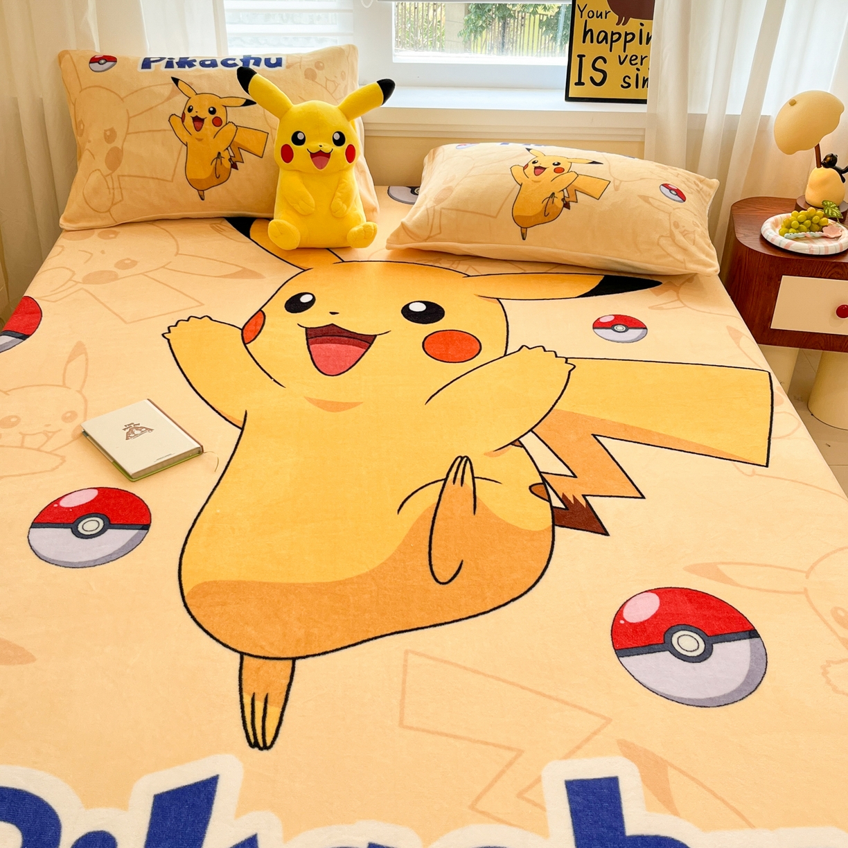 91家纺网 家纺一手货源 找家纺 金爱家 2025新款牛奶绒保暖床笠床笠单件单床笠 绒单品-可爱皮卡丘