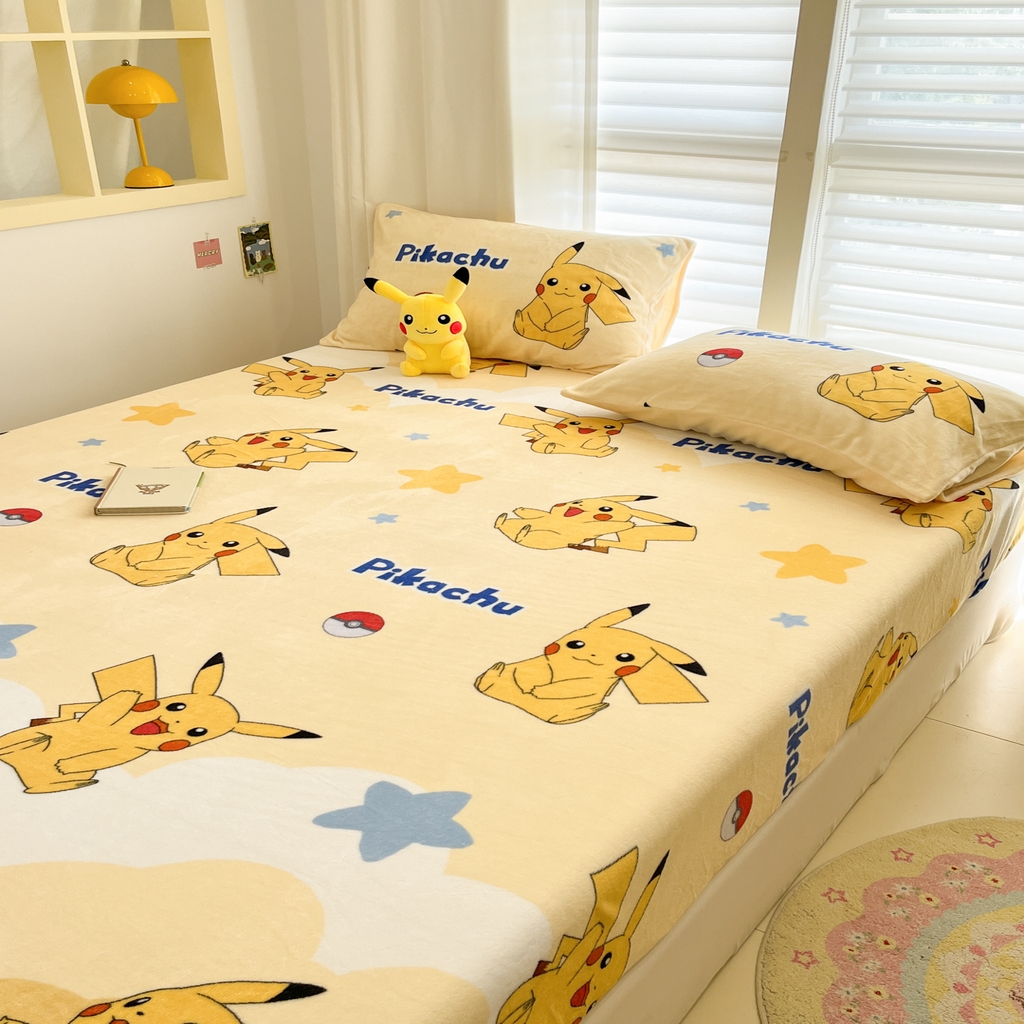 91家纺网 家纺一手货源 找家纺 金爱家 2025新款牛奶绒保暖床笠床笠单件单床笠 绒单品-宝贝皮卡丘