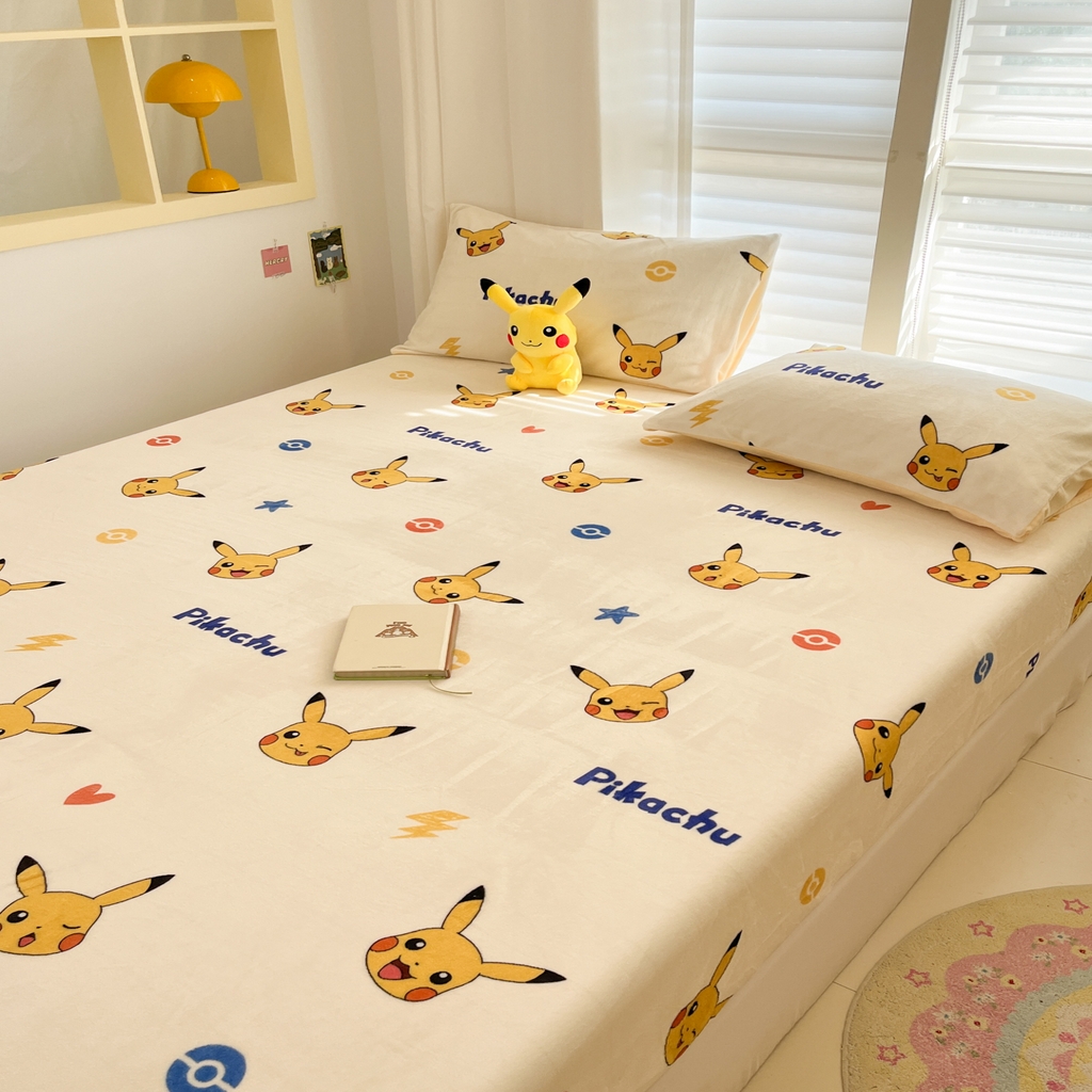 91家纺网 家纺一手货源 找家纺 金爱家 2025新款牛奶绒保暖床笠床笠单件单床笠 绒单品-搞怪皮卡丘