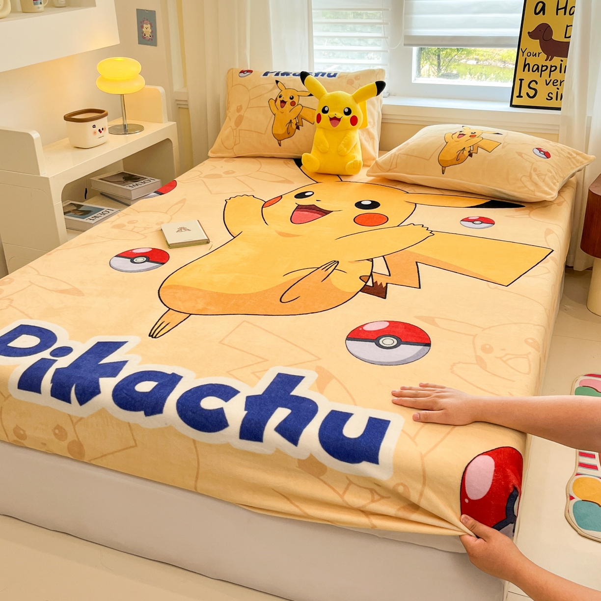 91家纺网 家纺一手货源 找家纺 金爱家 2025新款牛奶绒保暖床笠床笠单件单床笠 绒单品-可爱皮卡丘