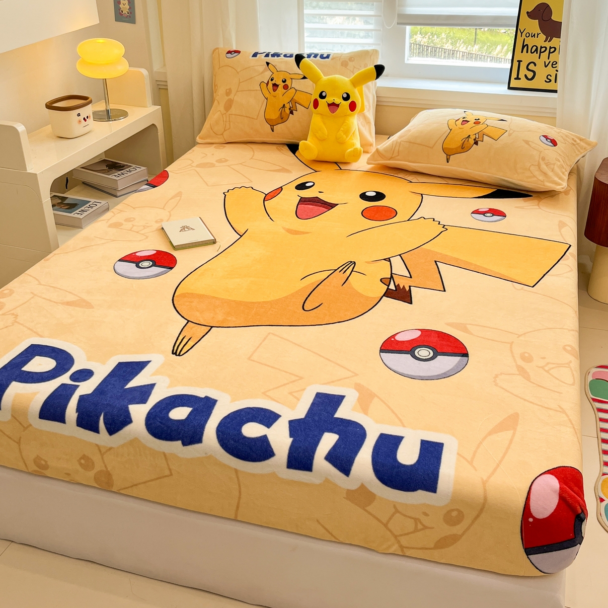 91家纺网 家纺一手货源 找家纺 金爱家 2025新款牛奶绒保暖床笠床笠单件单床笠 绒单品-可爱皮卡丘