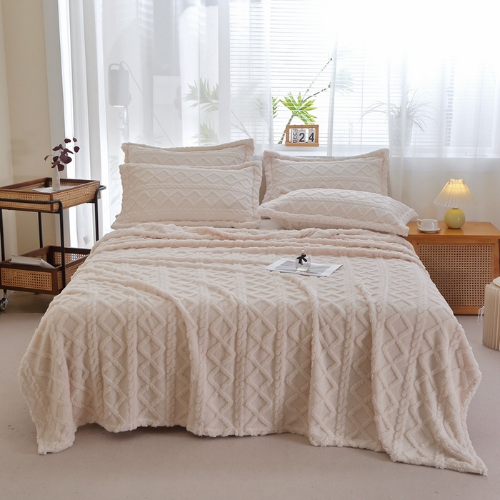 栩裕纺织 2025新款双面塔芙绒毛毯家用毯子卷边款 塔夫绒-米杏色