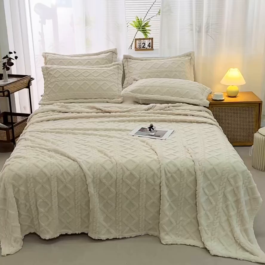 91家纺网 家纺一手货源 找家纺 栩裕纺织 2025新款双面塔芙绒毛毯家用毯子卷边款 塔夫绒-米杏色