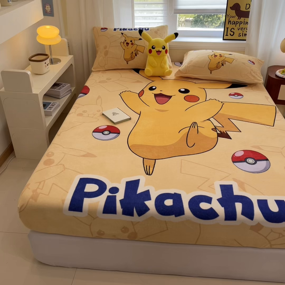 91家纺网 家纺一手货源 找家纺 金爱家 2025新款牛奶绒保暖床笠床笠单件单床笠 绒单品-可爱皮卡丘