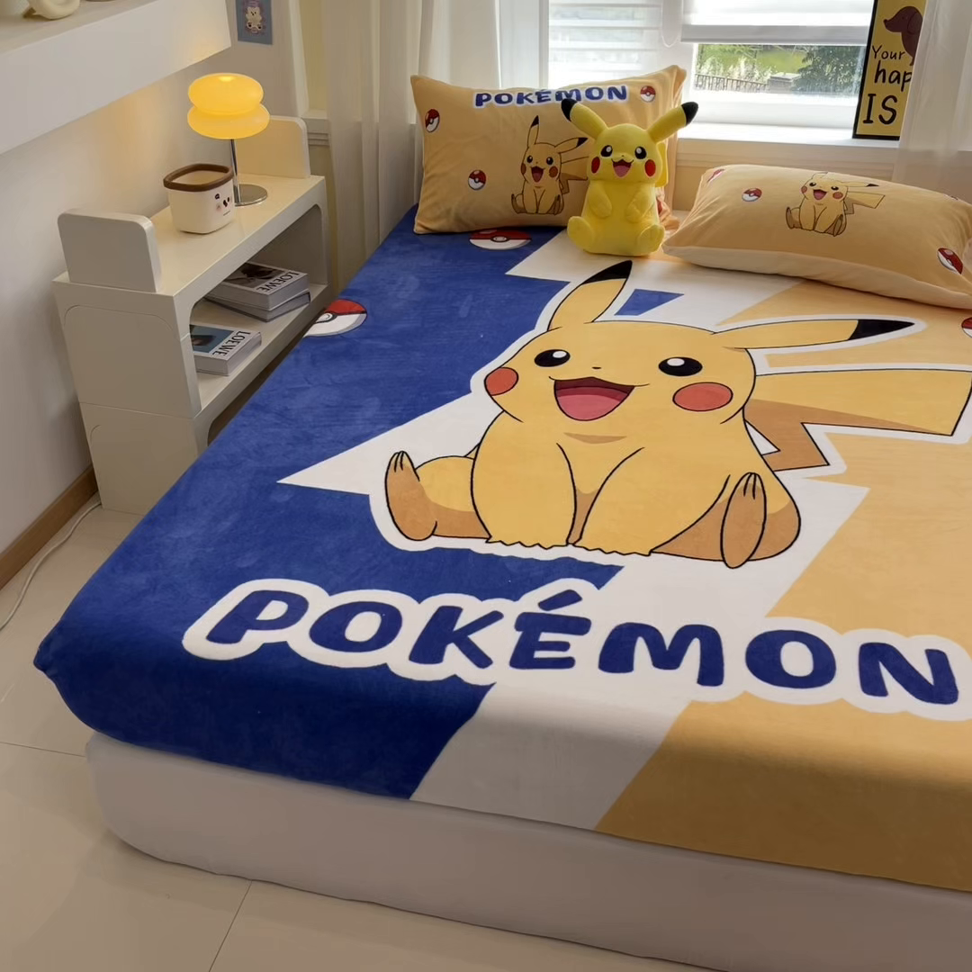 91家纺网 家纺一手货源 找家纺 金爱家 2025新款牛奶绒保暖床笠床笠单件单床笠 绒单品-俏皮皮卡丘