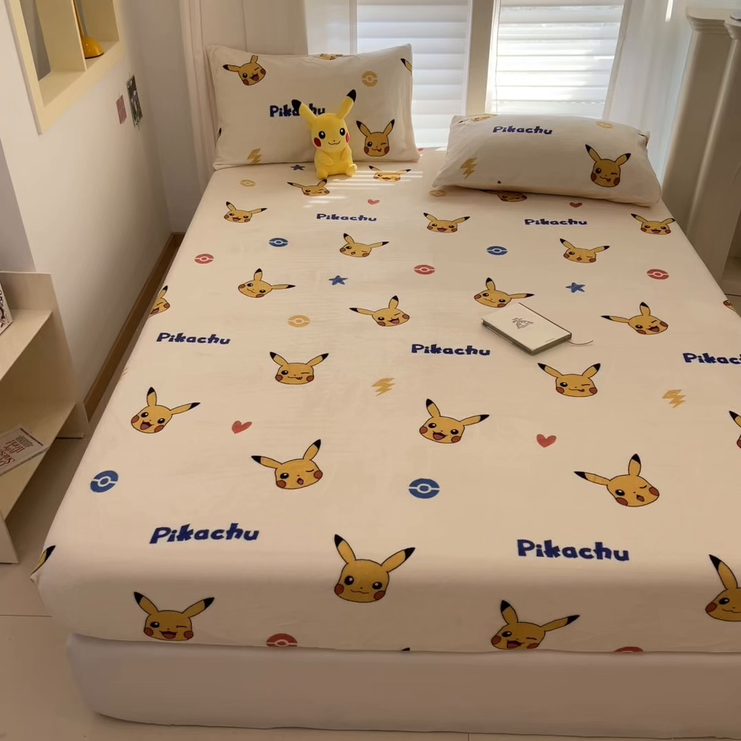 91家纺网 家纺一手货源 找家纺 金爱家 2025新款牛奶绒保暖床笠床笠单件单床笠 绒单品-搞怪皮卡丘