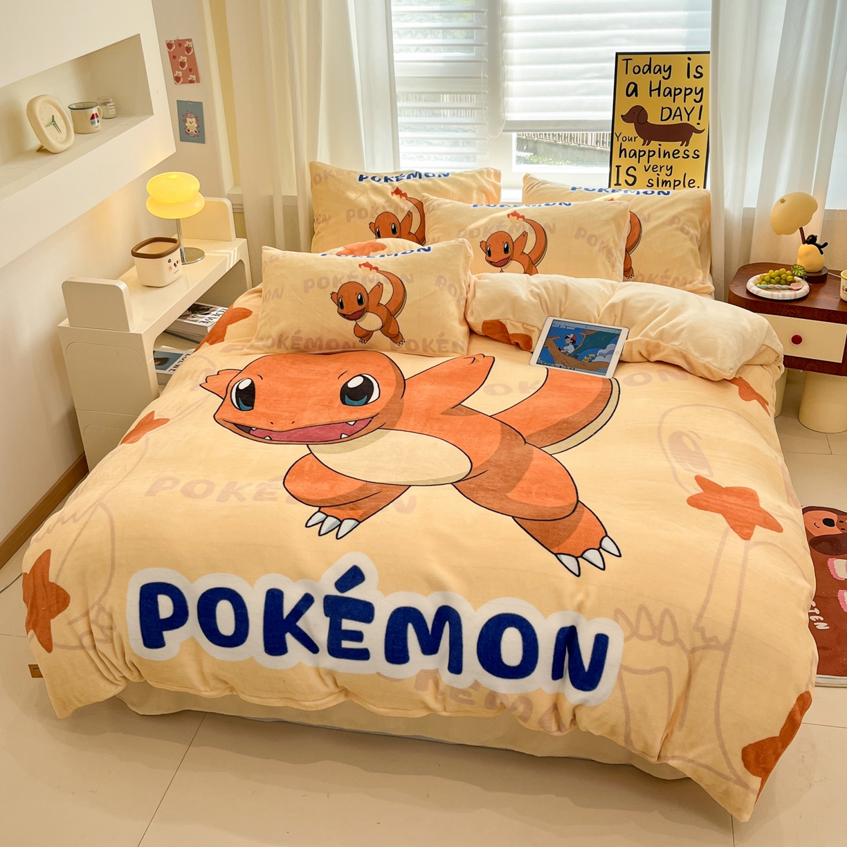 91家纺网 家纺一手货源 找家纺 （总）金爱家 2025新品大版卡通平网数码印花加厚高克重牛奶绒皮卡丘系列四件套