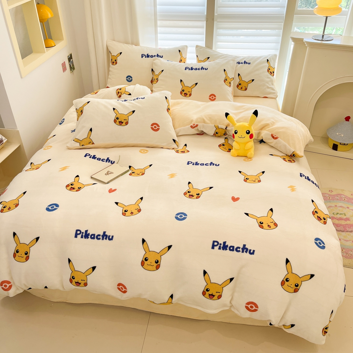 金爱家 2025新品大版卡通平网数码印花加厚高克重牛奶绒皮卡丘系列四件套 绒小版-搞怪皮卡丘