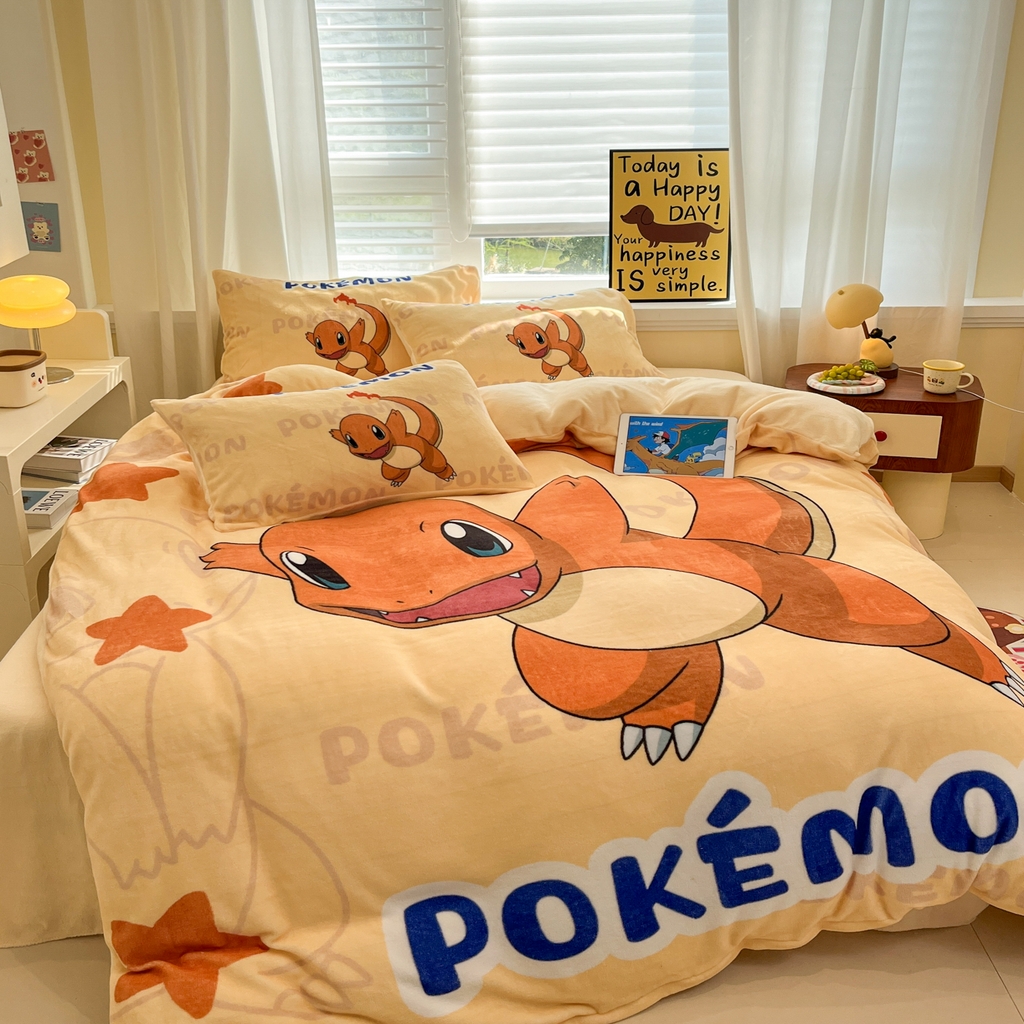 91家纺网 家纺一手货源 找家纺 金爱家 2025新品大版卡通平网数码印花加厚高克重牛奶绒皮卡丘系列四件套 绒大阪套件-喷火龙