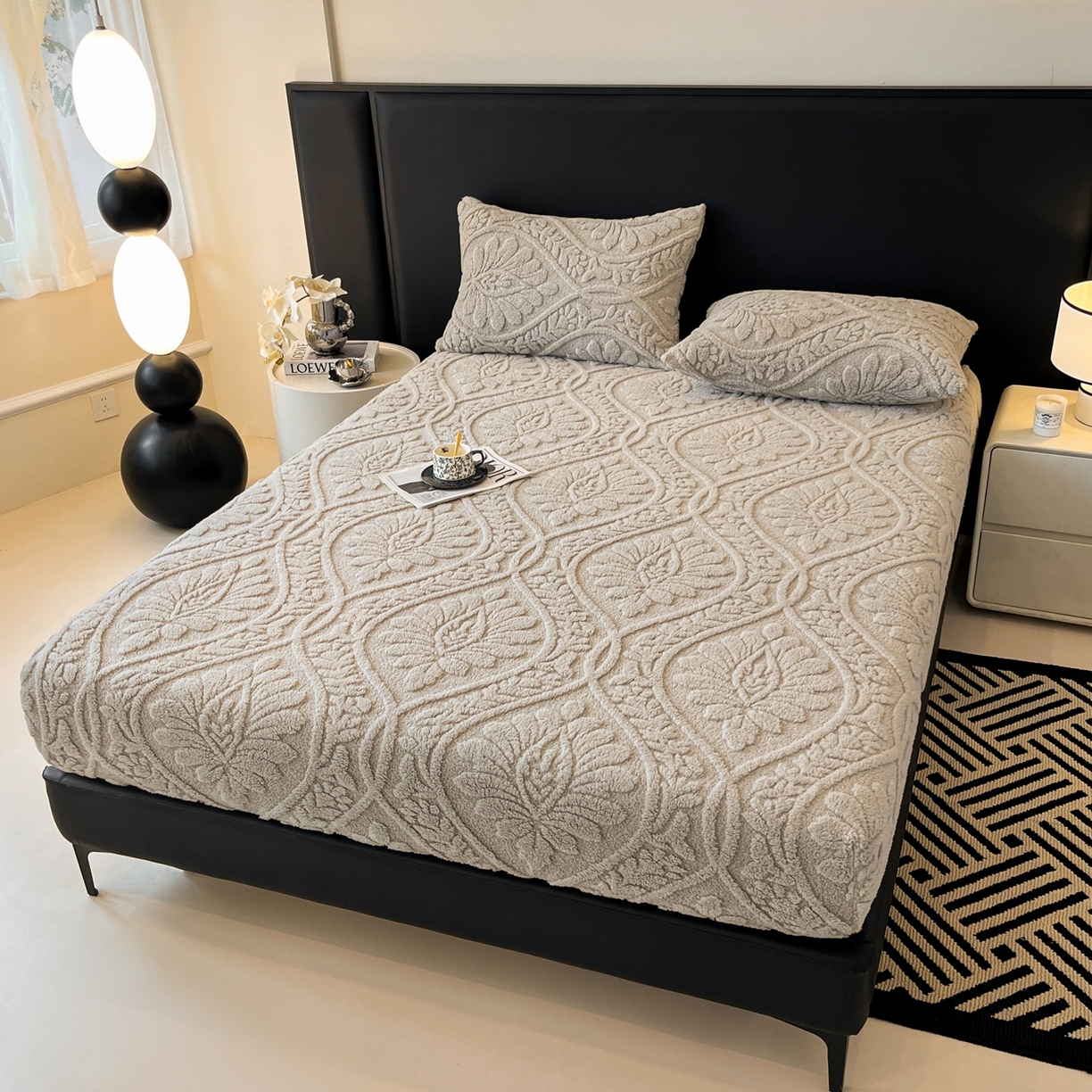 91家纺网 家纺一手货源 找家纺 乐家欣 2025新款提花塔芙绒床笠床笠单件单床笠-繁花系列 繁花-月影灰