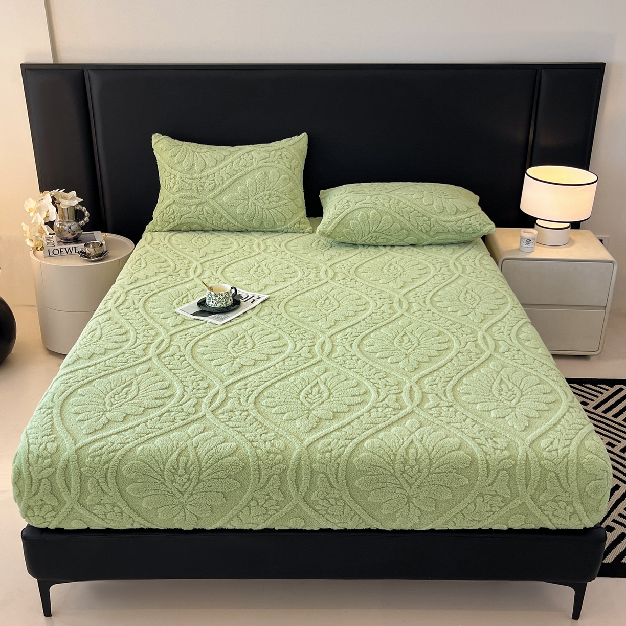 91家纺网 家纺一手货源 找家纺 乐家欣 2025新款提花塔芙绒床笠床笠单件单床笠-繁花系列 繁花-复古绿