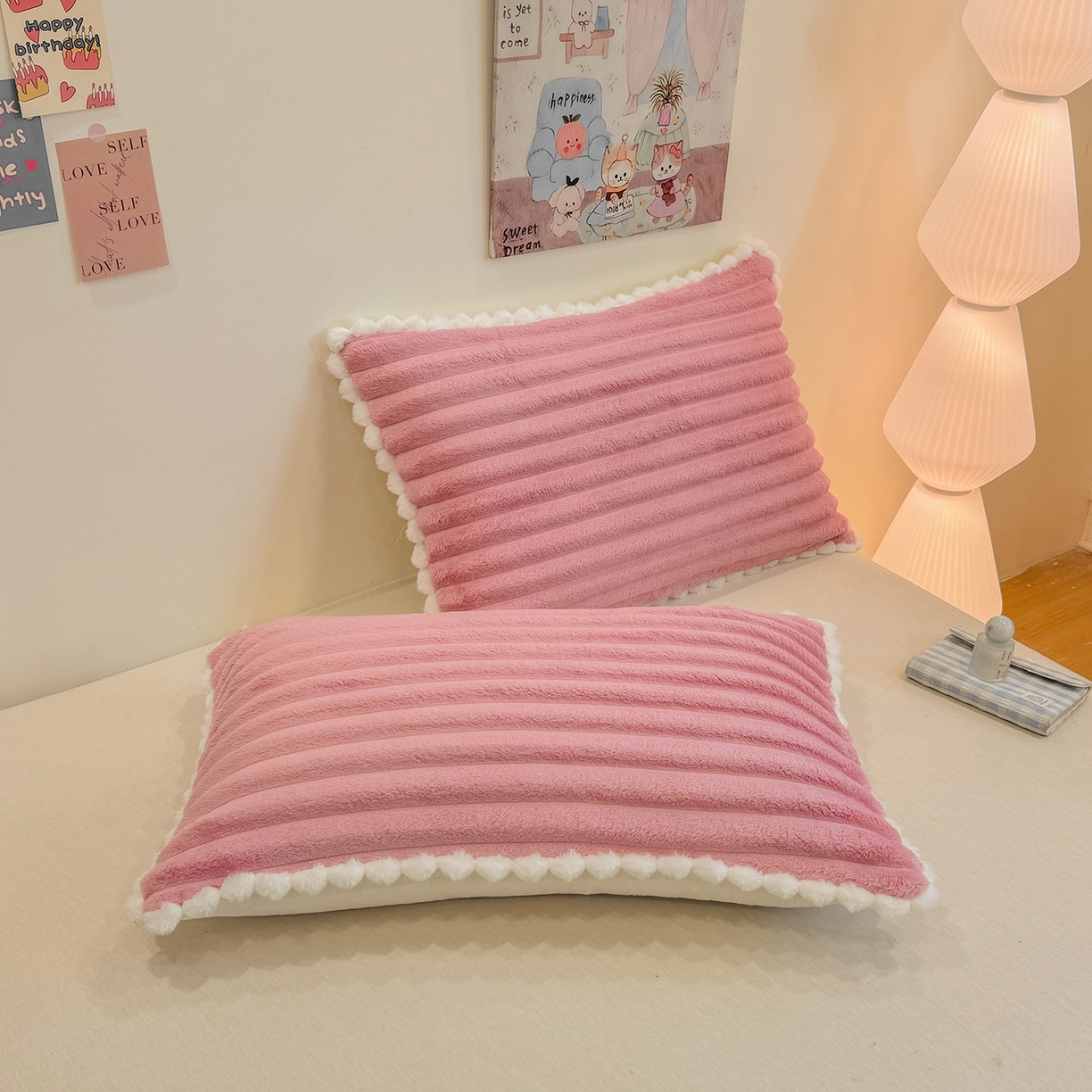 91家纺网 家纺一手货源 找家纺 眠势力 2025新款高克重毛毯抽条兔毛绒毯子多功能小球球加厚雪球盖毯 云朵雪球毯-粉