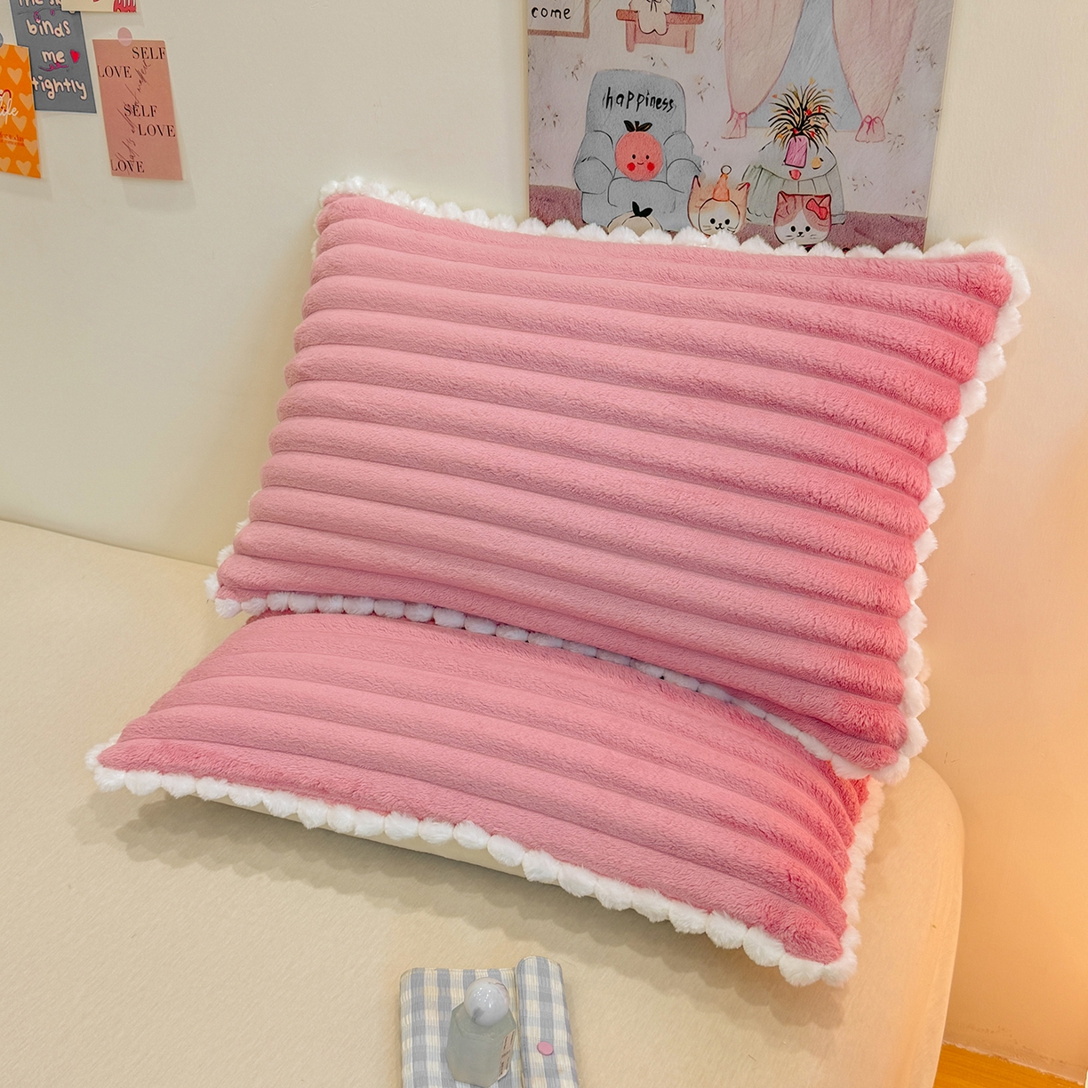 91家纺网 家纺一手货源 找家纺 眠势力 2025新款高克重毛毯抽条兔毛绒毯子多功能小球球加厚雪球盖毯 云朵雪球毯-粉