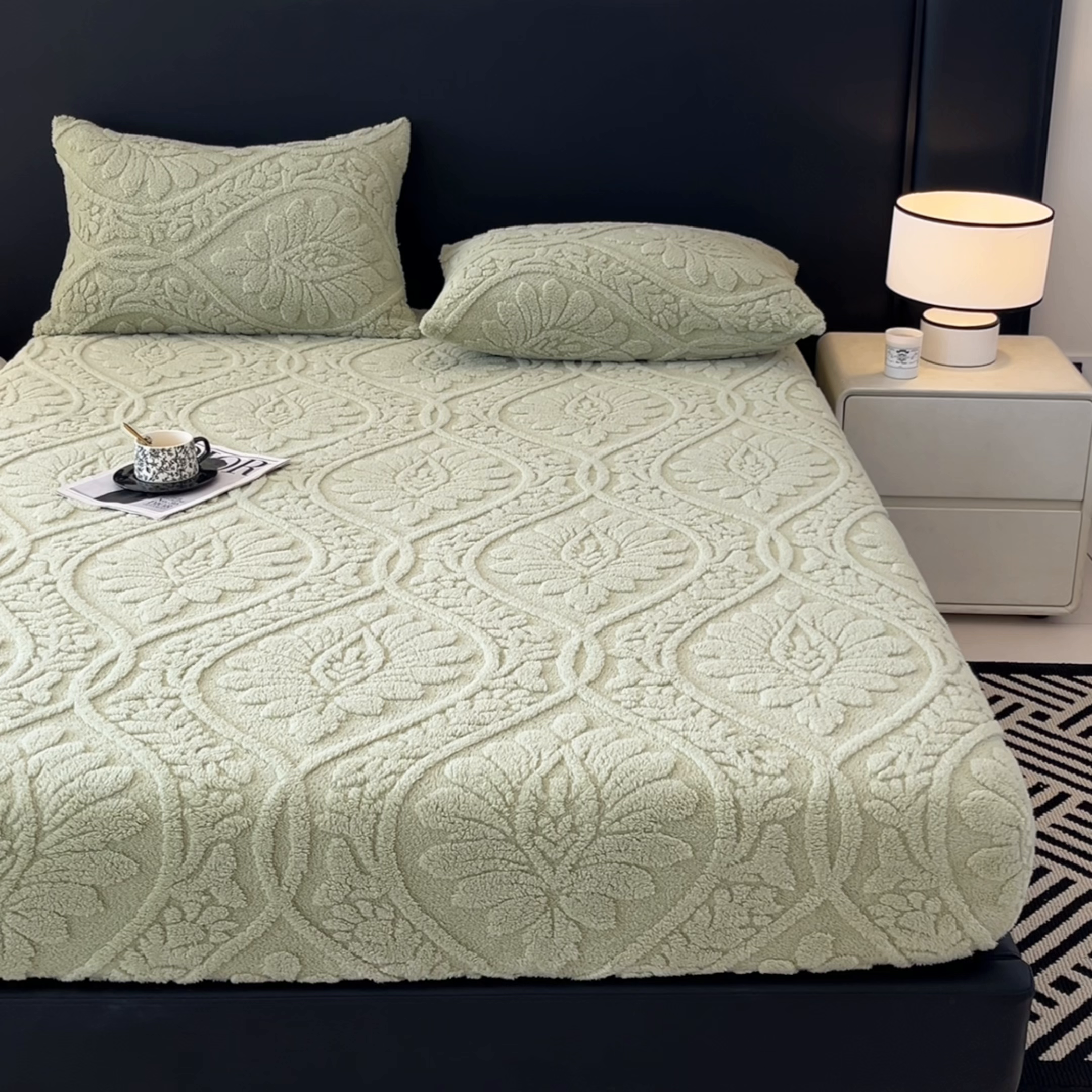 91家纺网 家纺一手货源 找家纺 乐家欣 2025新款提花塔芙绒床笠床笠单件单床笠-繁花系列 繁花-复古绿