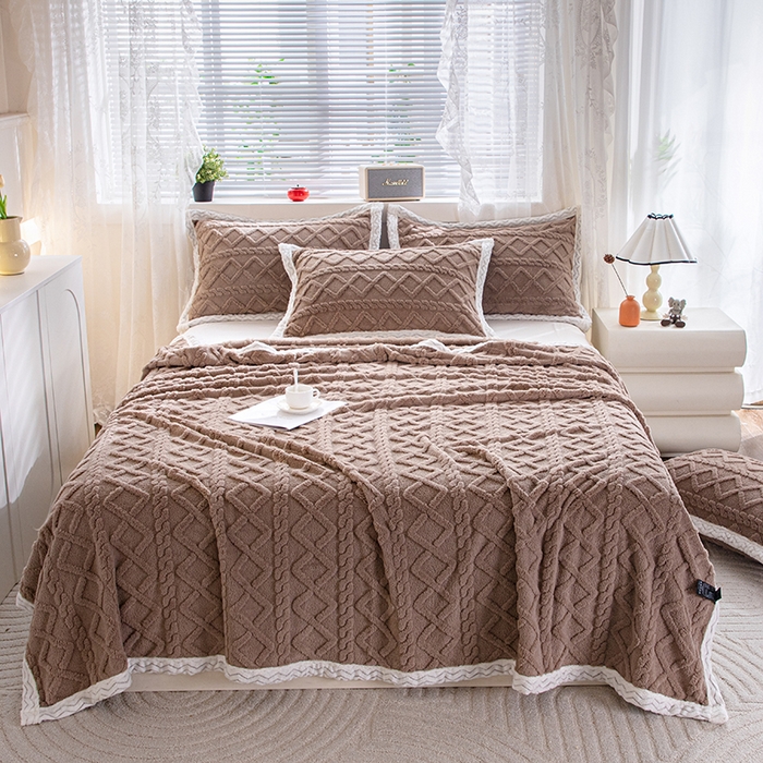 栩裕纺织 2025新款双面塔芙绒毛毯家用毯子包边款 塔夫绒-咖色