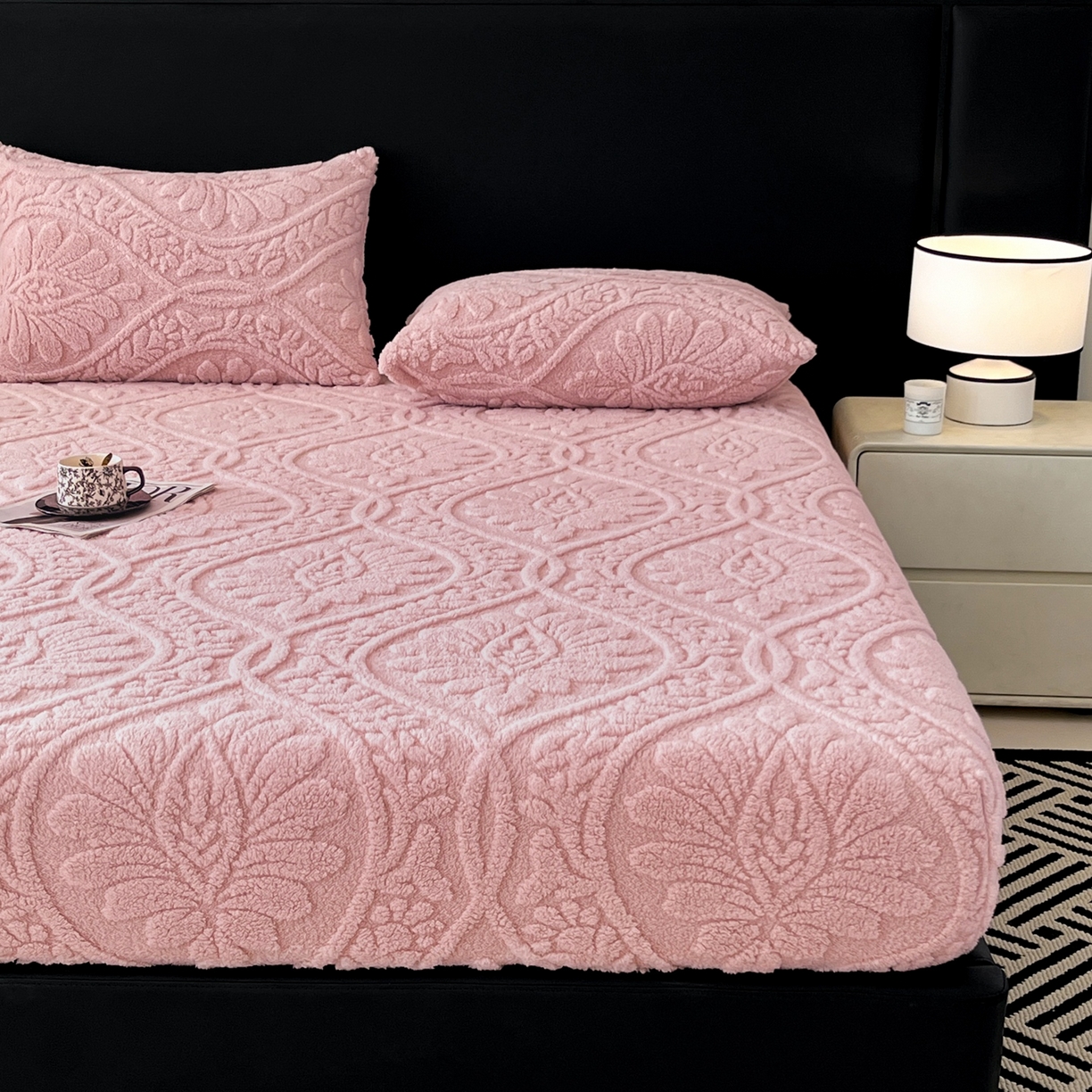 91家纺网 家纺一手货源 找家纺 乐家欣 2025新款提花塔芙绒床笠床笠单件单床笠-繁花系列 繁花-公主粉