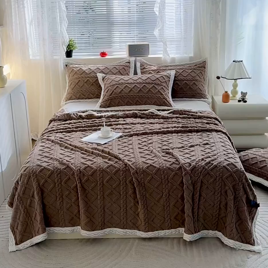 91家纺网 家纺一手货源 找家纺 栩裕纺织 2025新款双面塔芙绒毛毯家用毯子包边款 塔夫绒-咖色