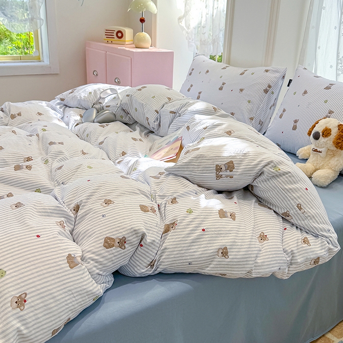 91家纺网 家纺一手货源 找家纺 竹合家纺 2025新款爆款韩国小布袋古法水洗云感四件套顽皮狗