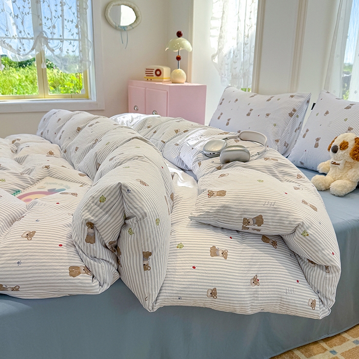 91家纺网 家纺一手货源 找家纺 竹合家纺 2025新款爆款韩国小布袋古法水洗云感四件套顽皮狗